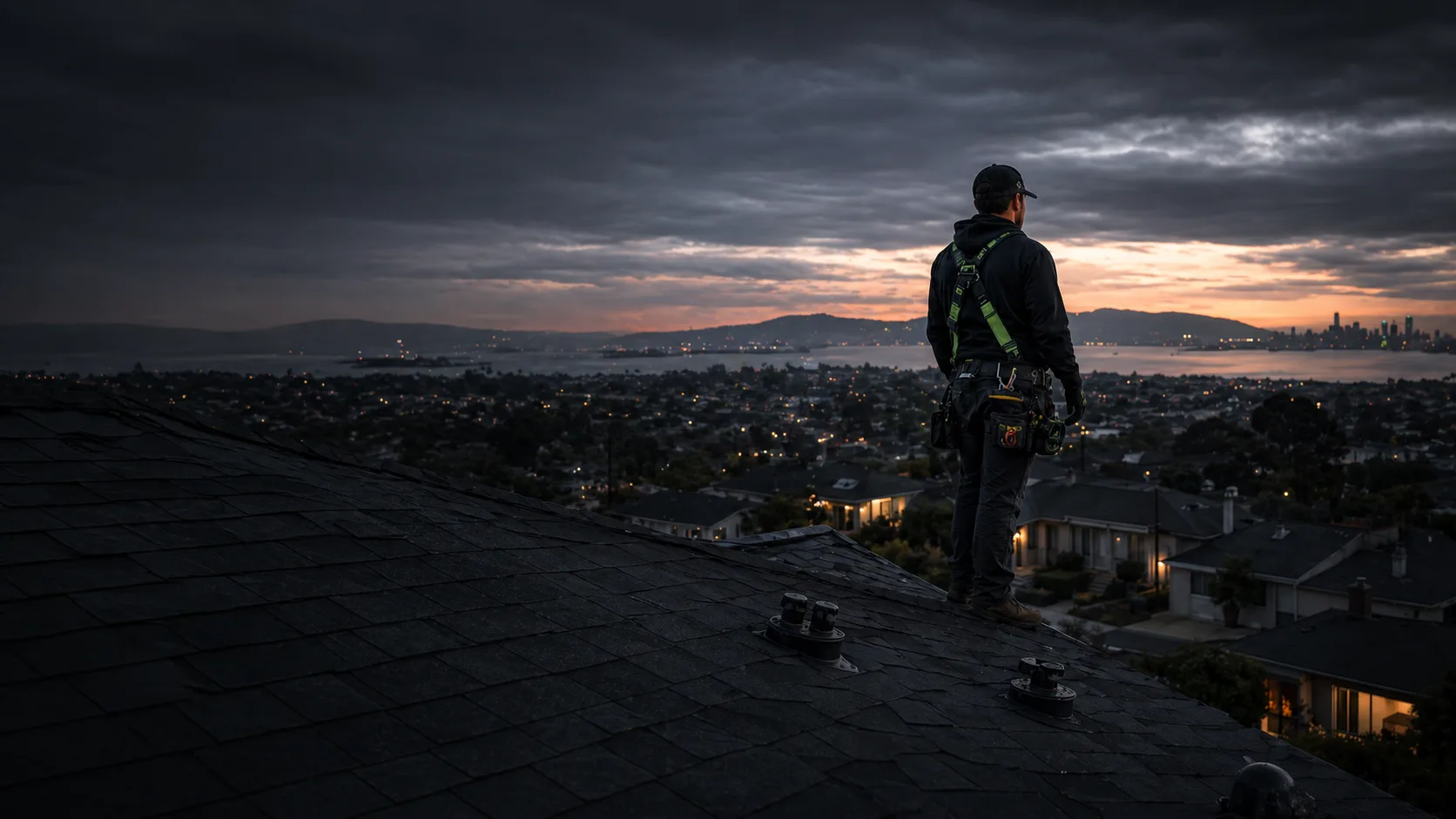 Roofer on a Bay Area residential roof at dusk